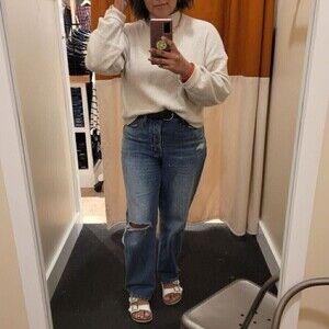 New! Ribbed Waffle Knit Balloon Sleeve Mockneck Sweater Top